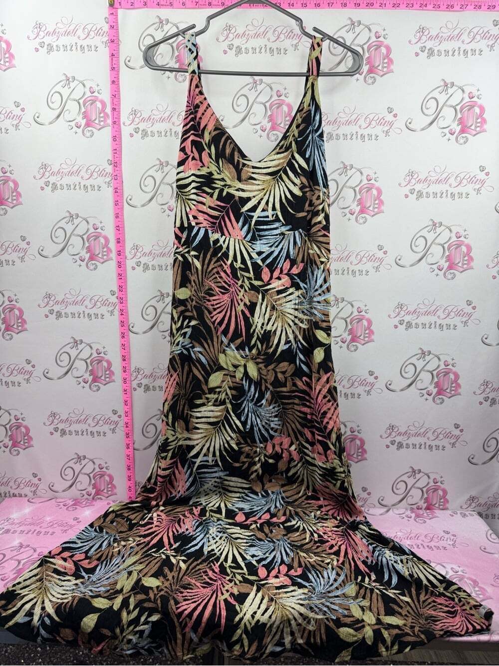 Hurley dress maxi long Black Tropical with Pink, Blue & Yellow Leaf Print tiki